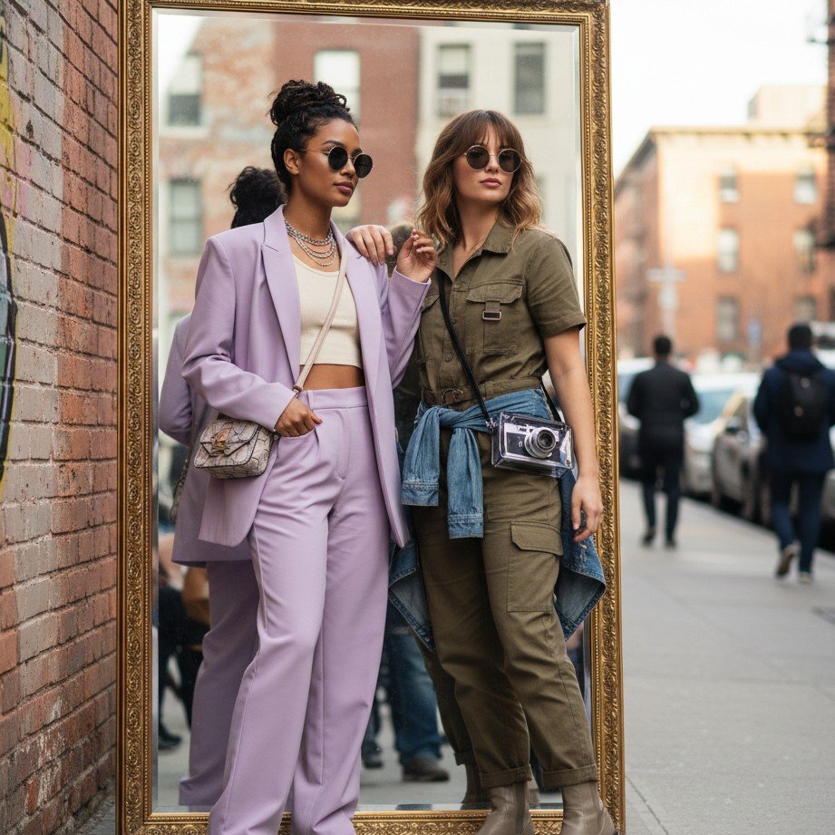 best friend photoshoot outfit ideas with coordinated street-style mirror pose