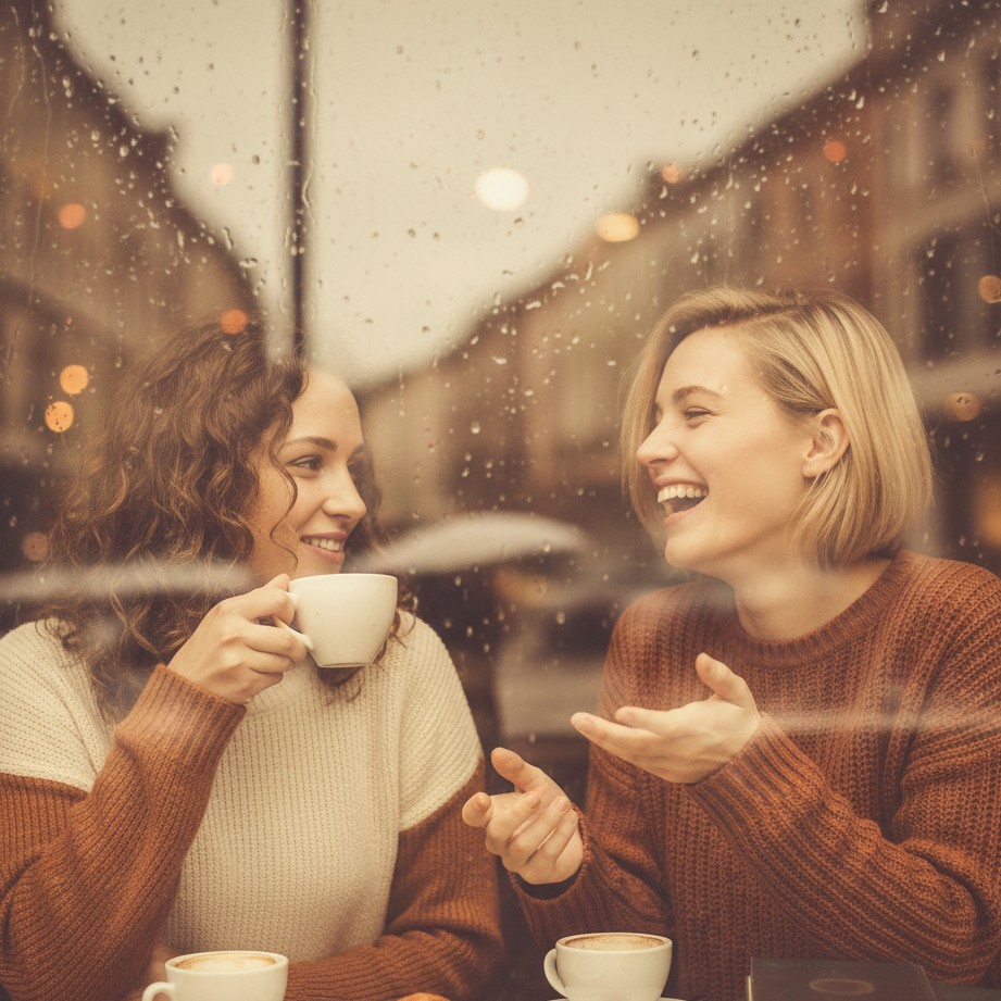 ideas for best friend photoshoot indoors with rainy window reflections and cozy vibe