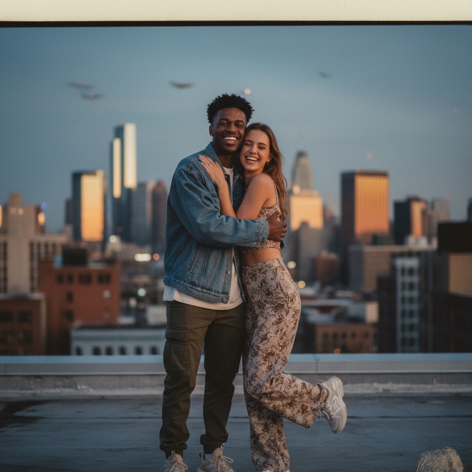 best friends photoshoot ideas with rooftop skyline and instant camera energy