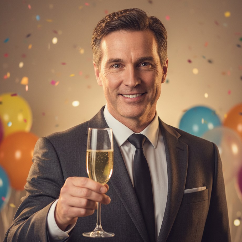 Confident adult male birthday portrait with a classy champagne toast vibe.