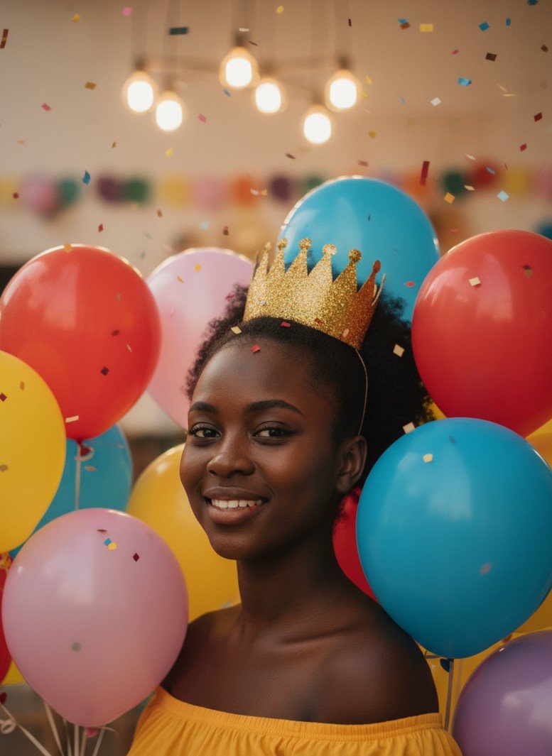 カラフルな誕生日バルーンに囲まれたポートレートで、楽しい祝宴の雰囲気が漂っています。
