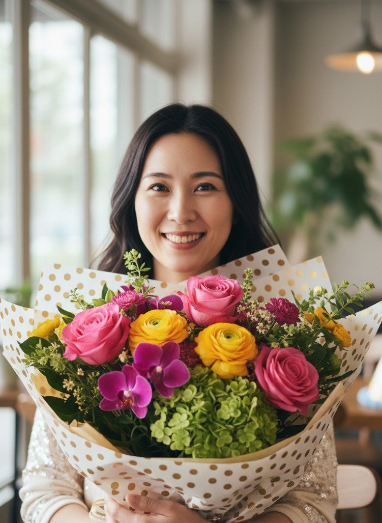祝う雰囲気の中、美しい誕生日の花束を持っているポートレート。