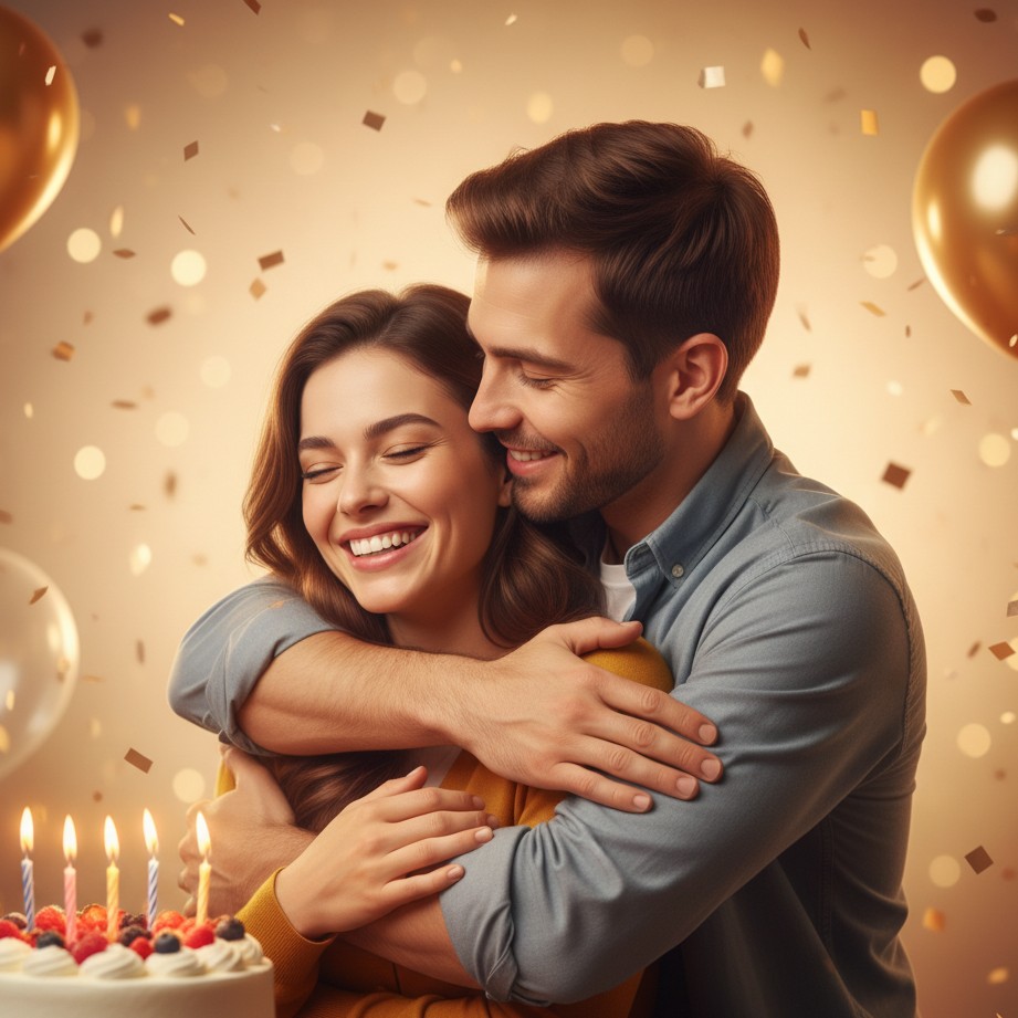 Warm couple birthday portrait: hugging near a cake with soft celebration decor.