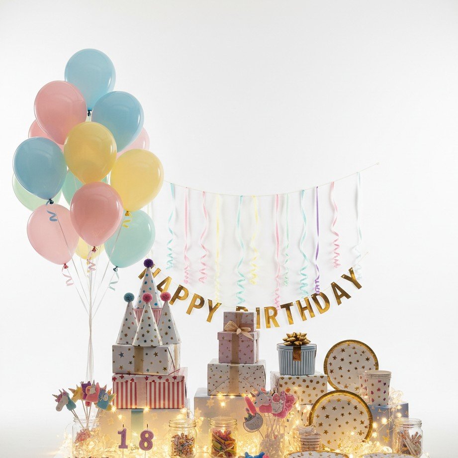 完璧な祝賀セッティングのために整えられた美しい誕生日飾りの展示。
