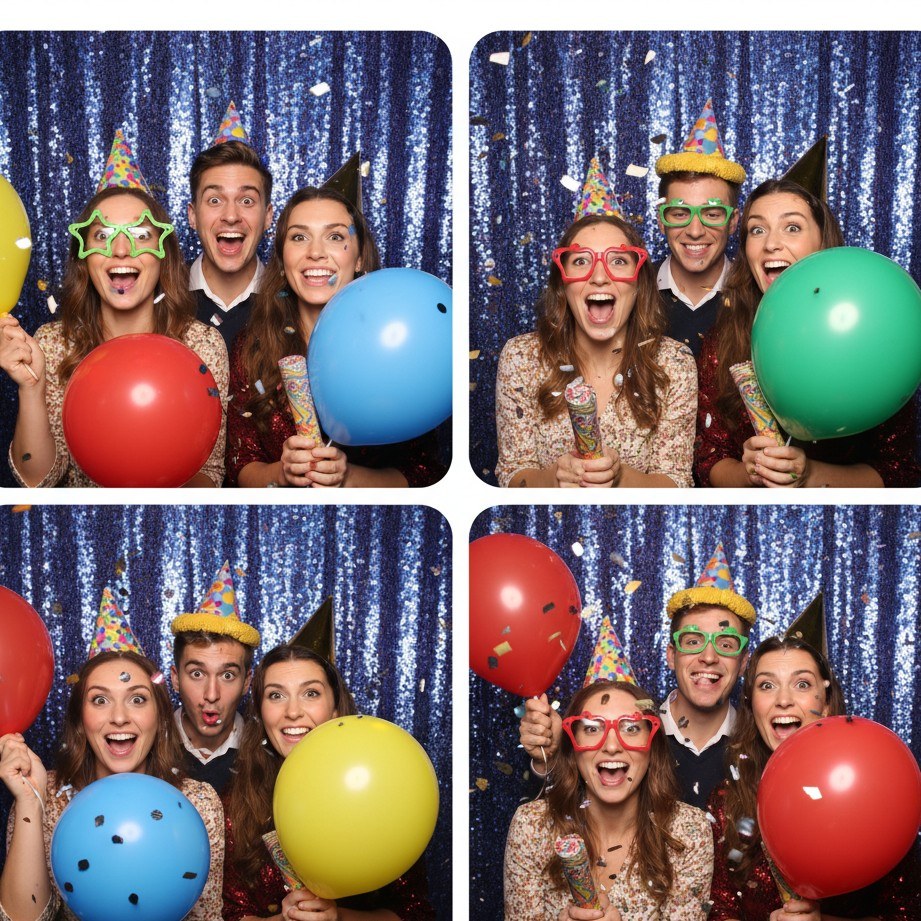 A fun birthday photo booth strip with a small friend group and playful props.