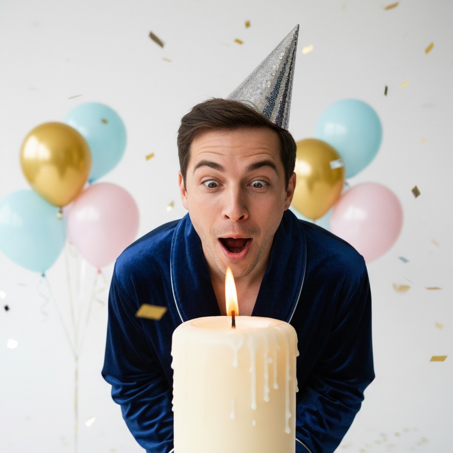 Funny birthday portrait with an oversized candle wish moment and tasteful humor.