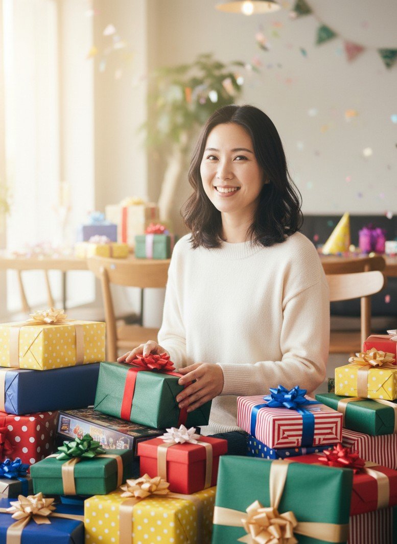 美しくラッピングされた誕生日プレゼントに囲まれたポートレート。