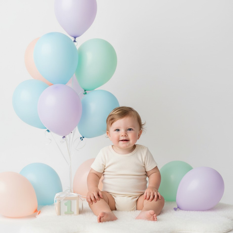 1st birthday toddler portrait with soft balloons and gentle studio lighting.