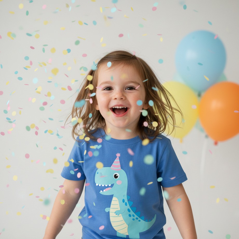 4th birthday kid portrait with playful confetti and bright celebration energy.