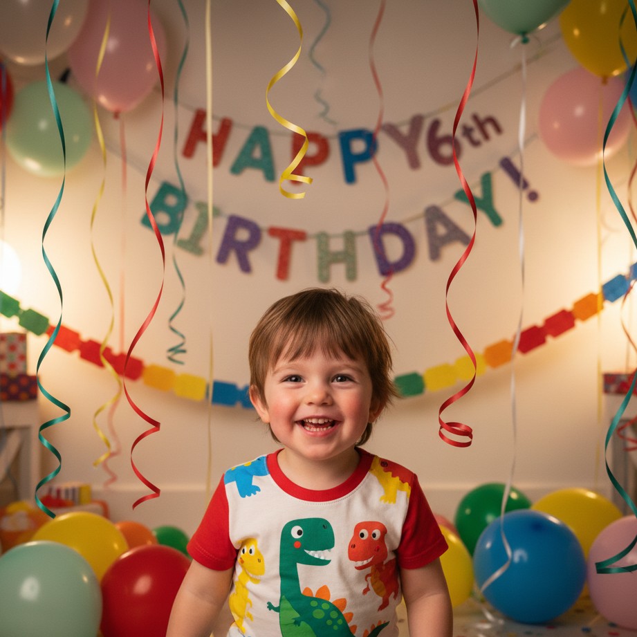 6th birthday kid portrait in a party room with playful decor and balloons.