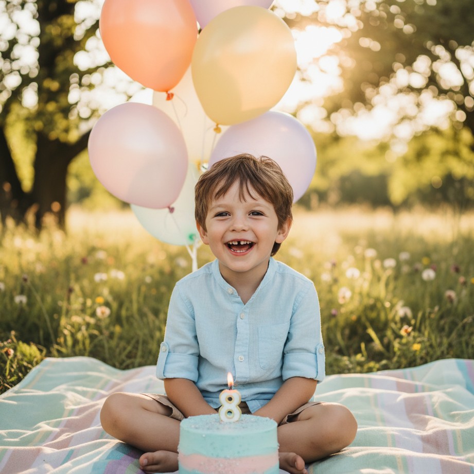 8th birthday kid portrait at an outdoor picnic with soft lifestyle framing.