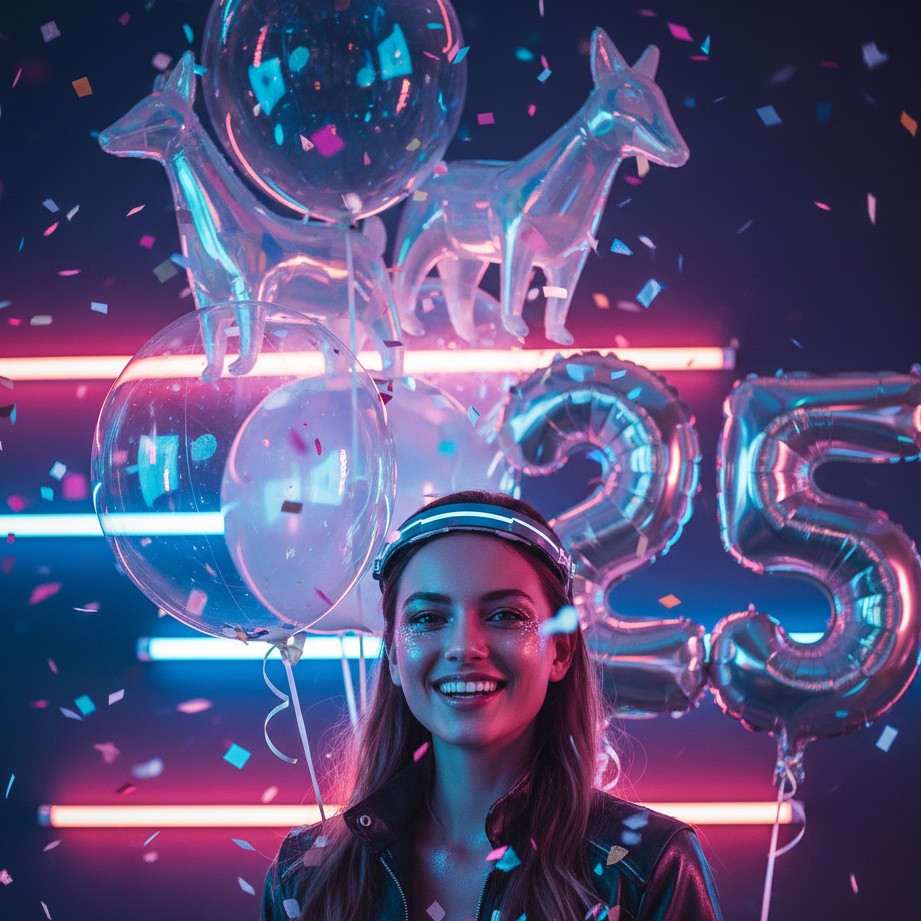 Creative neon cyberpunk birthday party portrait with futuristic lighting and bold mood.