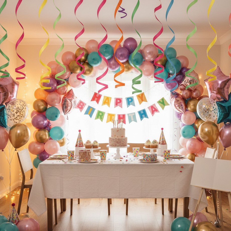 飾り付け、ストリーマー、そしてお祭りの雰囲気を持つ完全な誕生日パーティールーム。