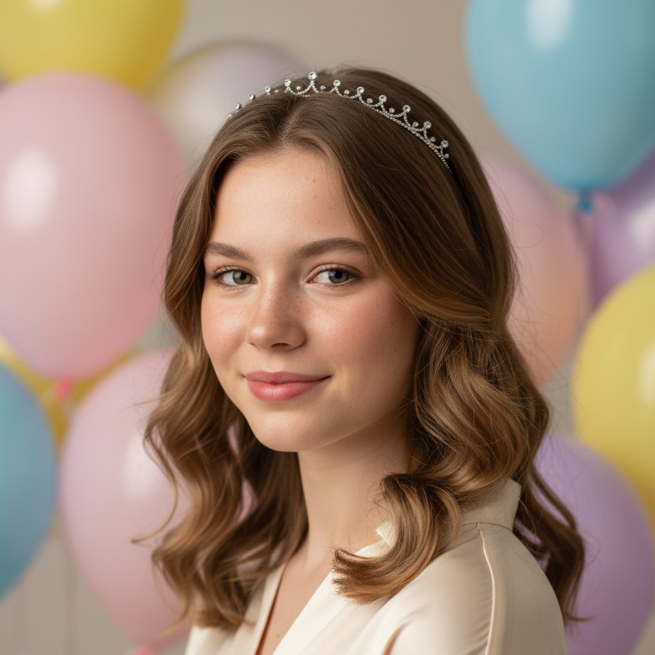 Teen birthday portrait with a clean editorial look and subtle crown styling.