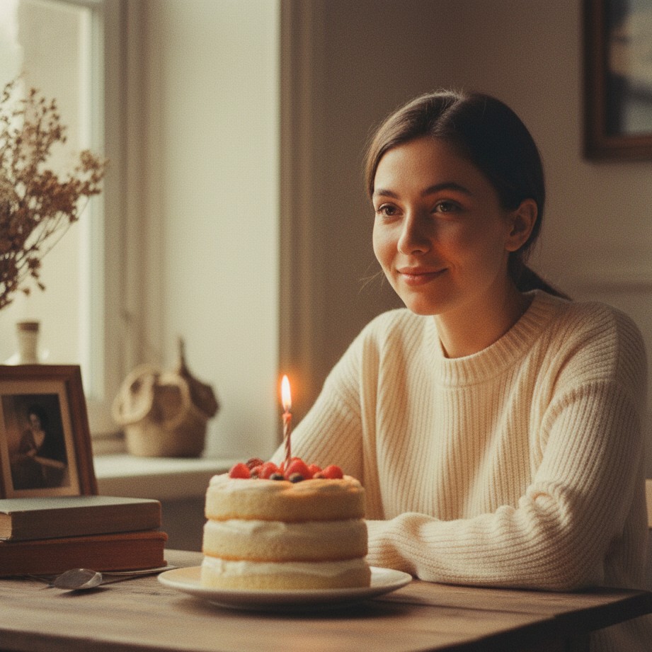 Vintage film birthday portrait with warm tones, soft grain, and classic editorial composition.