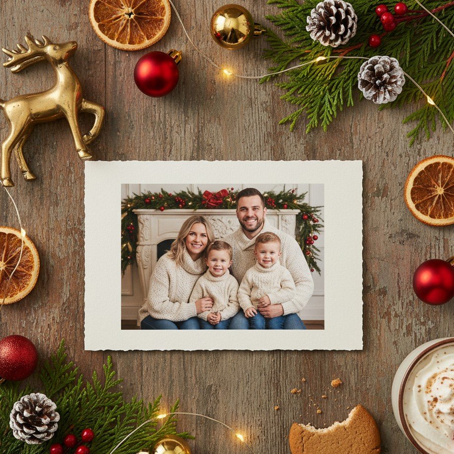 印刷されたクリスマス家族写真のホリデーカード