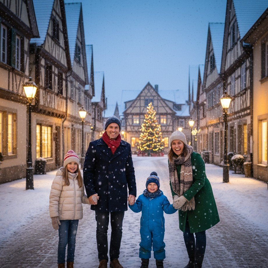 雪の村のウィンターワンダーランドなクリスマス家族写真