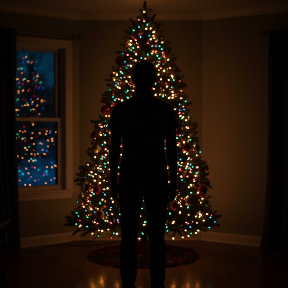 カラフルなライトを背景にしたクリスマスツリーのシルエット写真