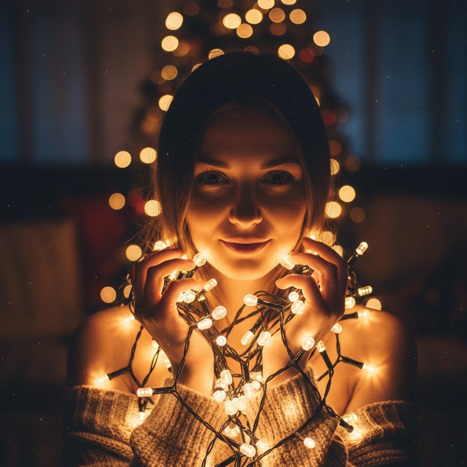 クリスマスライトに照らされたフェアリーライト・ラップのポートレート