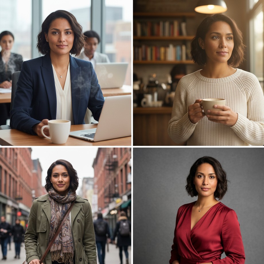 同じ人物の複数スタイルを並べたAI生成グリッド