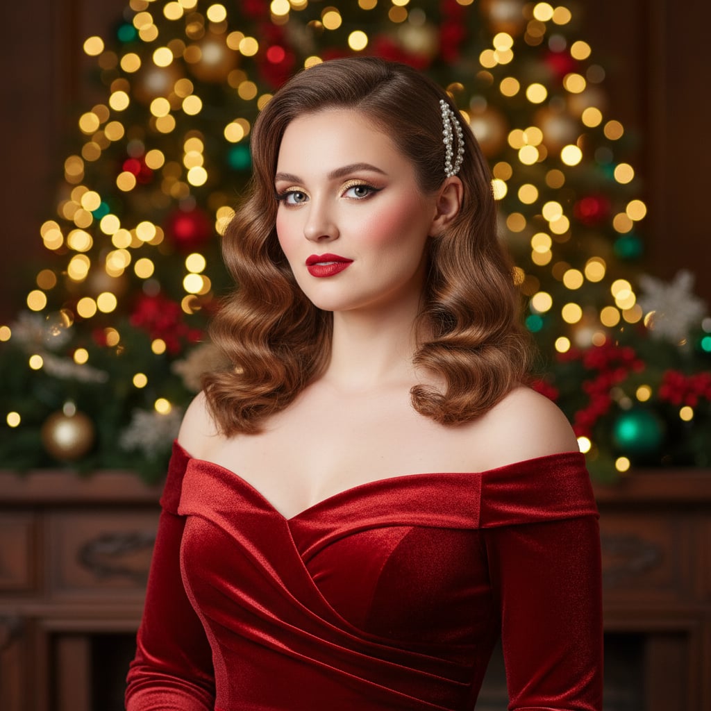 赤いベルベットのドレスと暖かい照明のクラシックなホリデーグラムクリスマス衣装