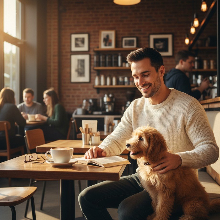 カフェで可愛い犬と一緒に座っているイケメン