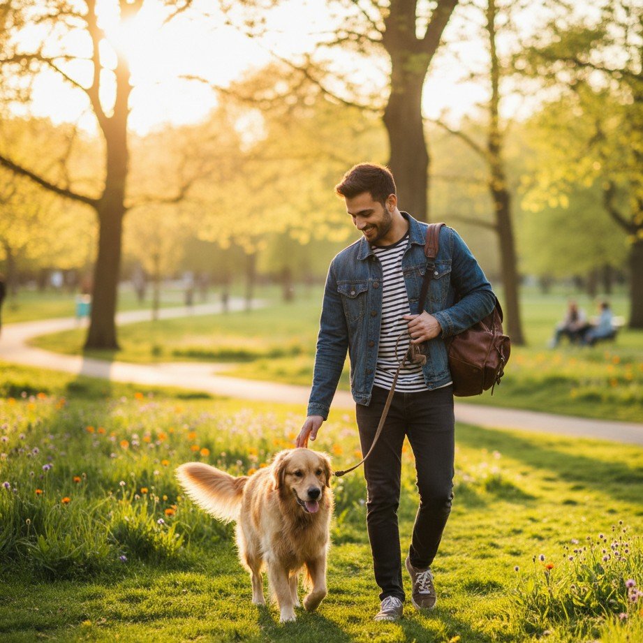 公園で犬を散歩させている若い男性