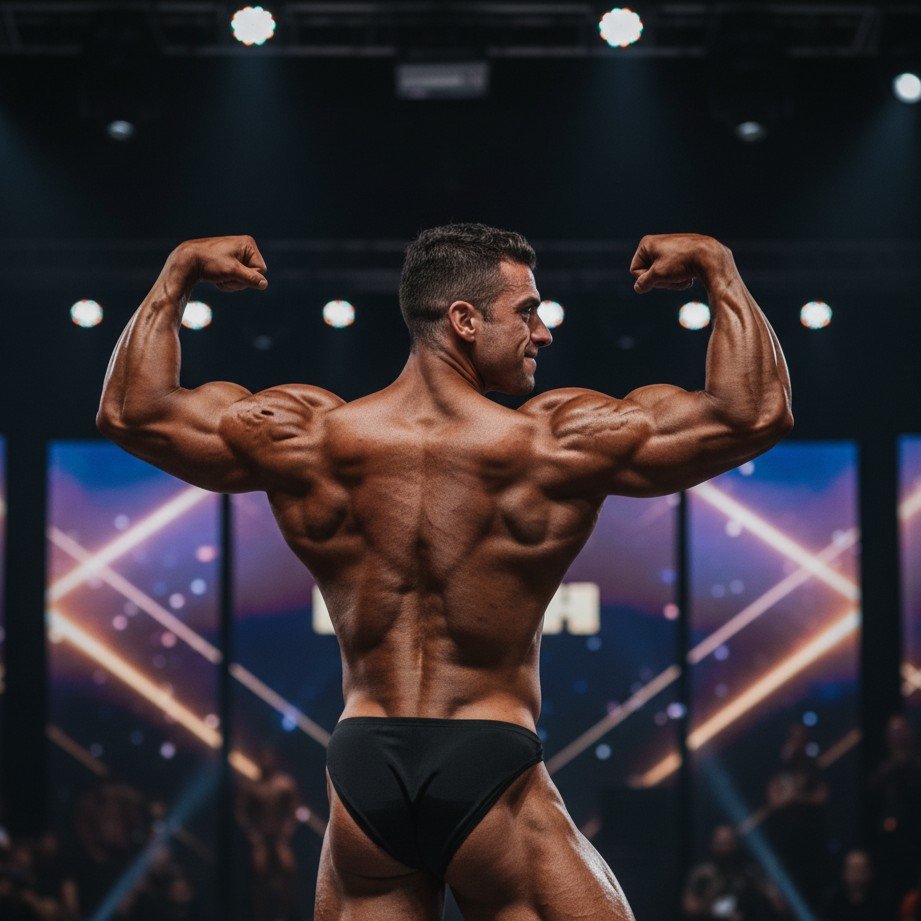 Pose de palco de competição profissional com iluminação dramática acima que destaca a definição muscular.