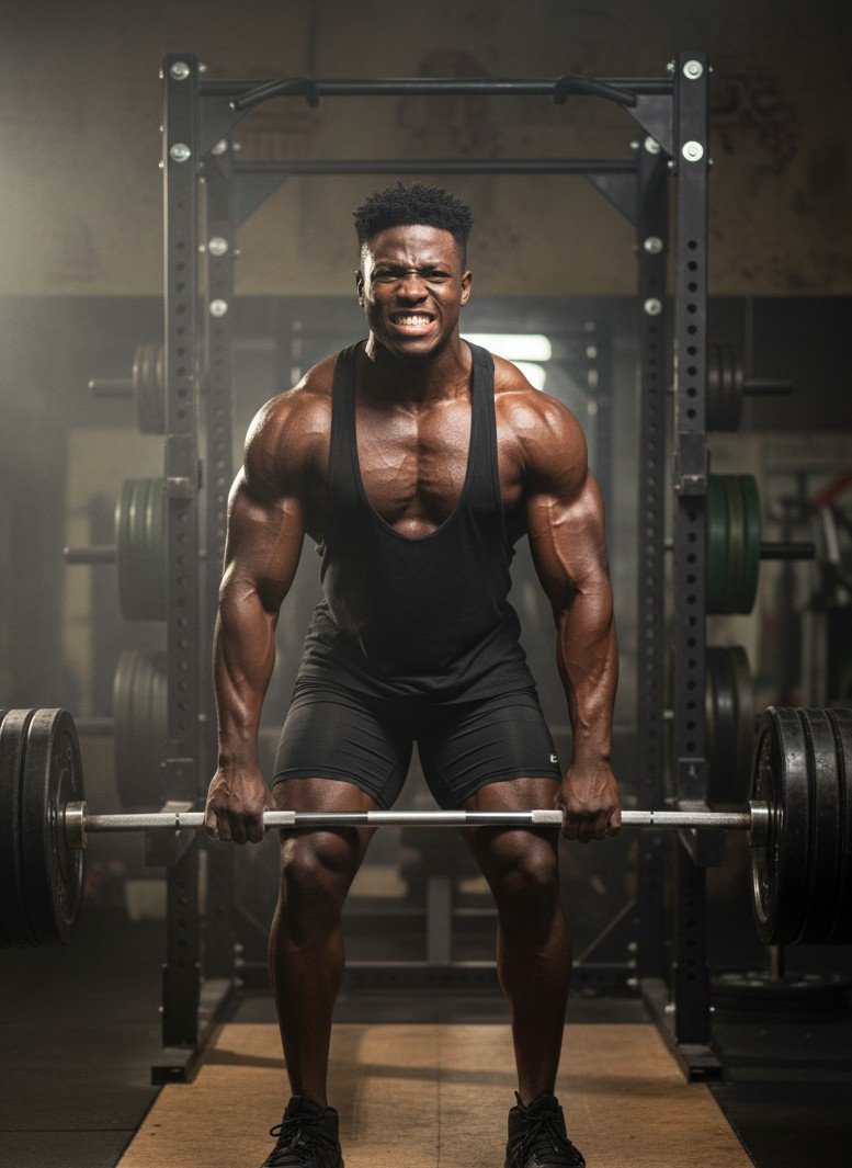 Pose inspirada no powerlifting que exibe força bruta e um físico poderoso.