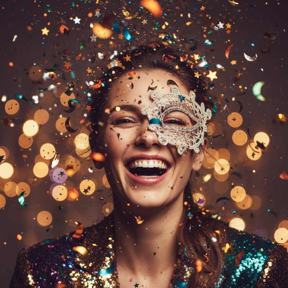 Retrato de festa focado no Mês do Orgulho posicionado à frente de chuva de pedaços coloridos com iluminação fotográfica suave