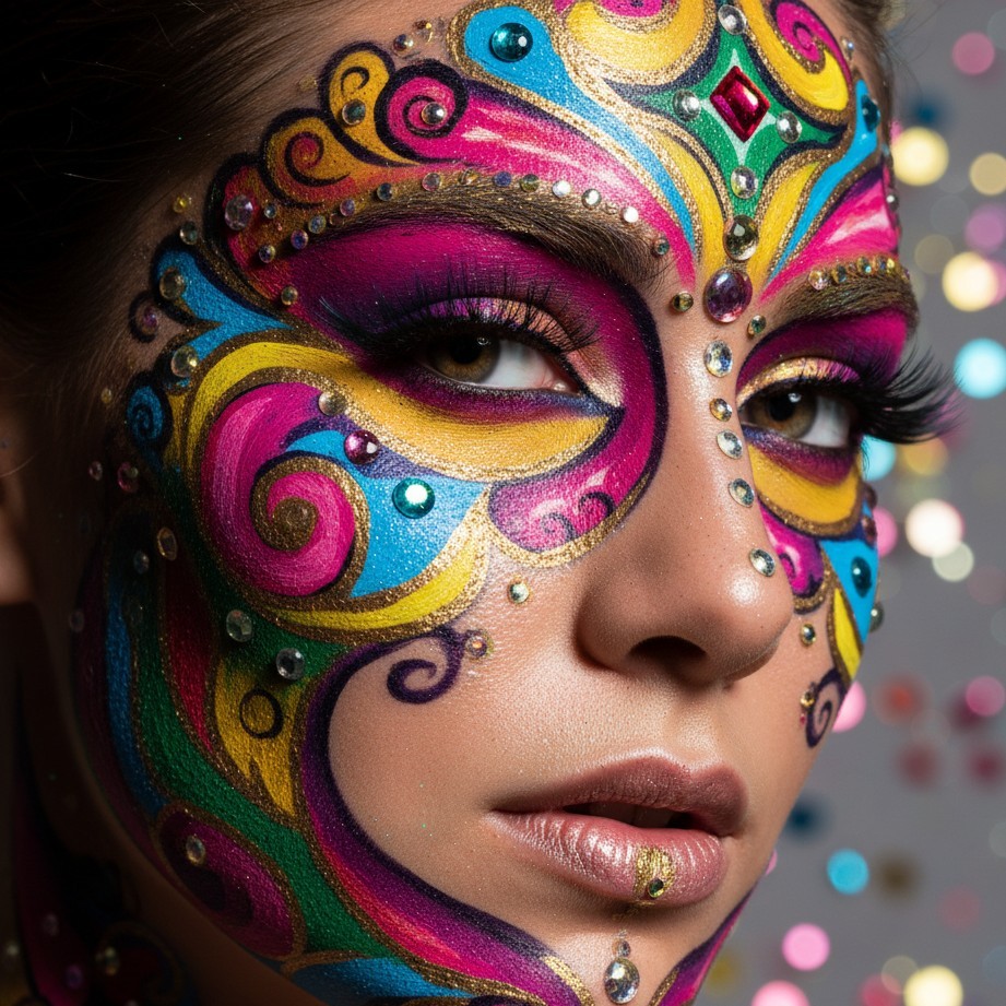 Close-up carnival portrait with bold face paint, glitter accents, and studio lighting.