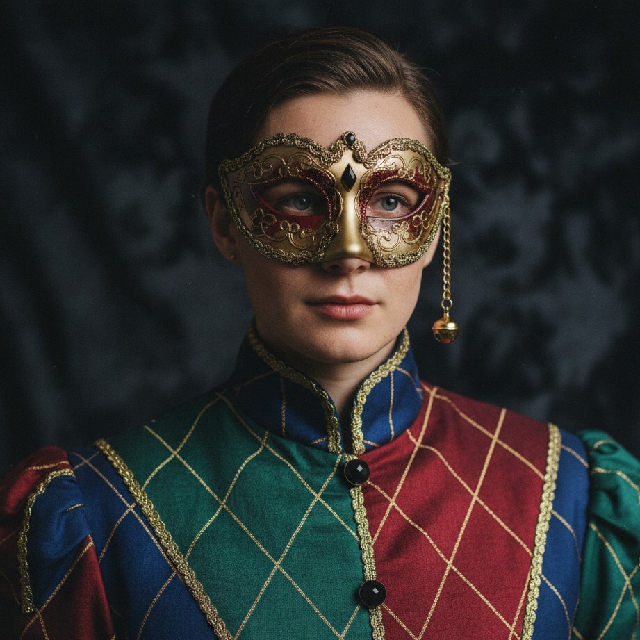 Classic harlequin-inspired carnival portrait with subtle pattern details and realistic studio lighting.