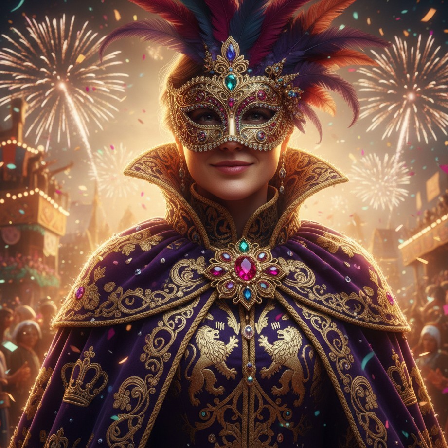 Regal carnival portrait with a royal cape, jeweled mask accents, and parade glow.