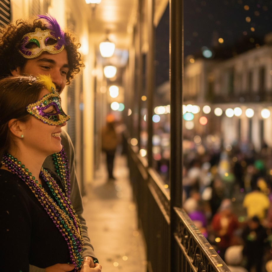 Romantic Mardi Gras balcony portrait with beads, warm street light, and candid couple energy.