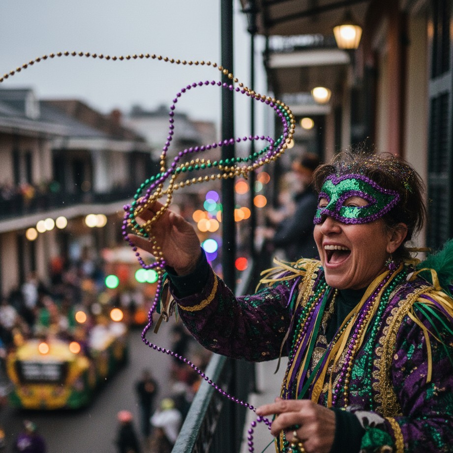Retrato de sacada no Mardi Gras com colares sendo lançados