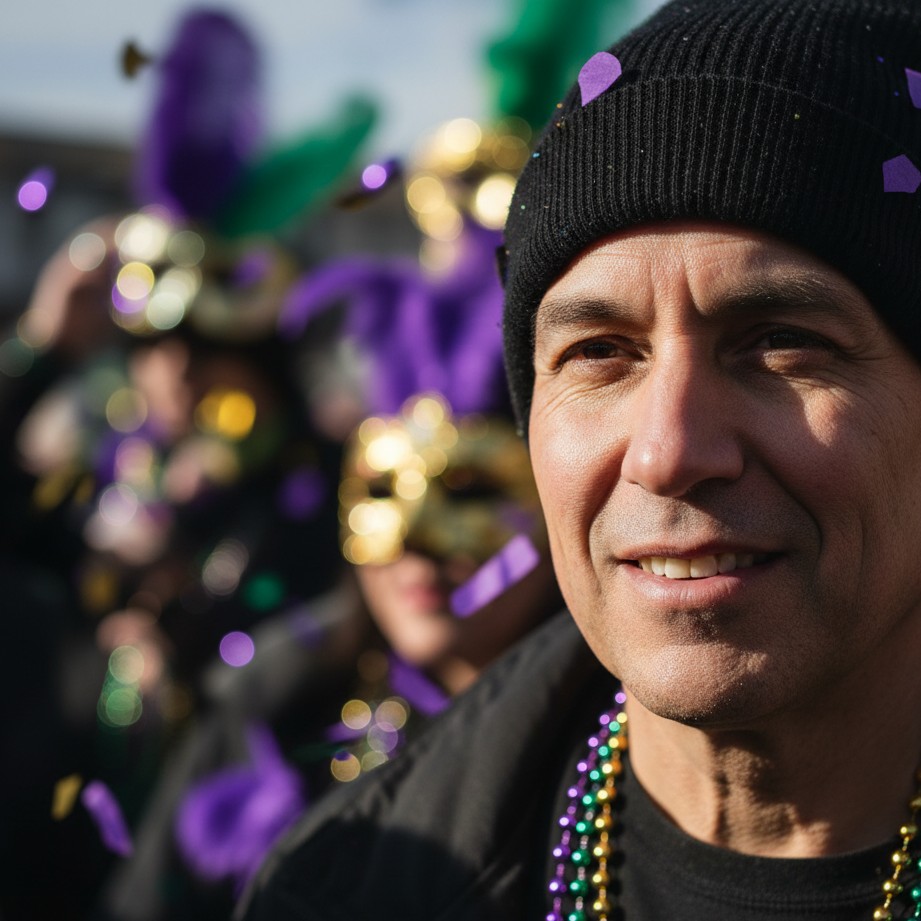 Candid Mardi Gras street portrait with a retro film vibe