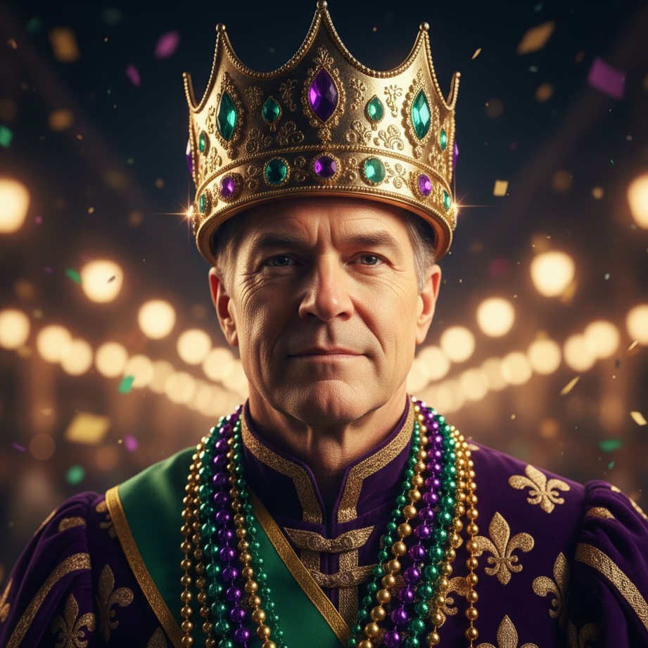 Regal Mardi Gras portrait with a crown, purple-gold-green accents, and parade glow.