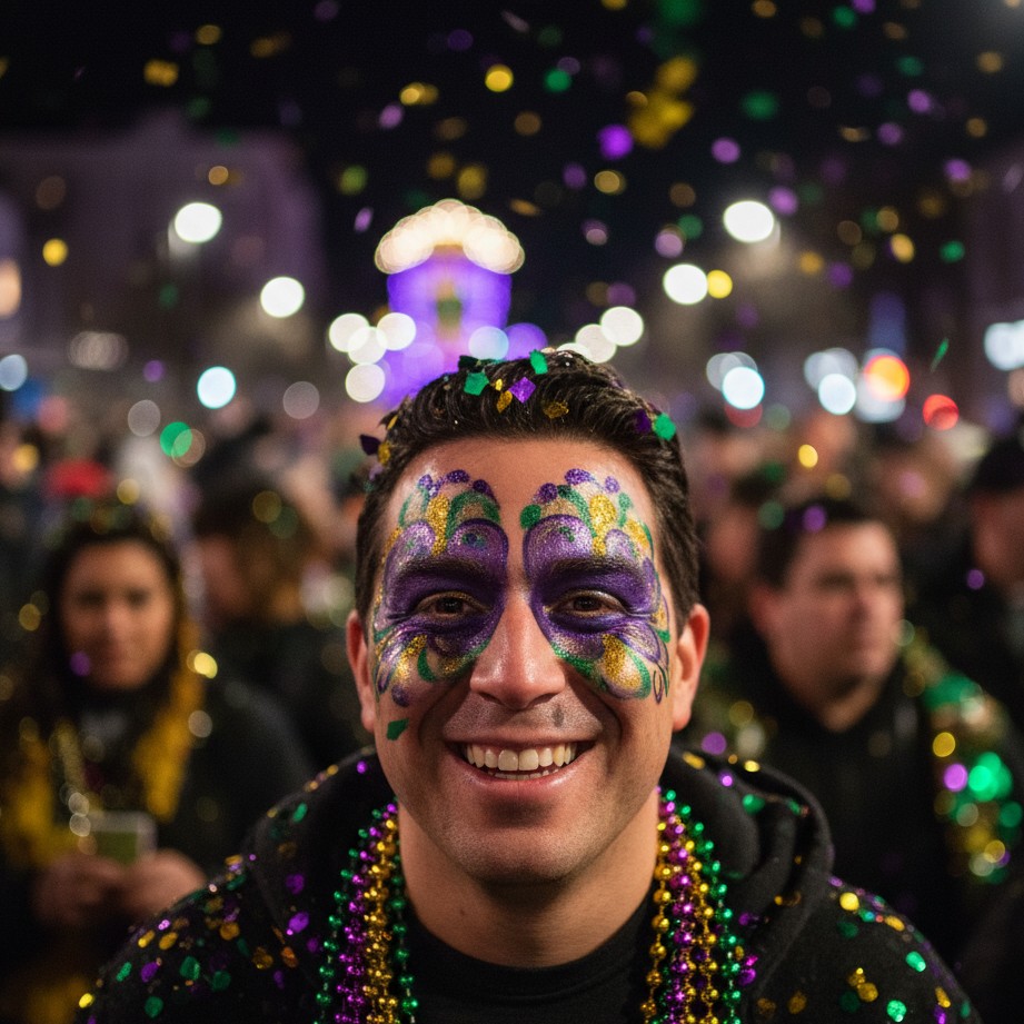Street parade portrait with confetti, colorful lights, and classic Mardi Gras energy.