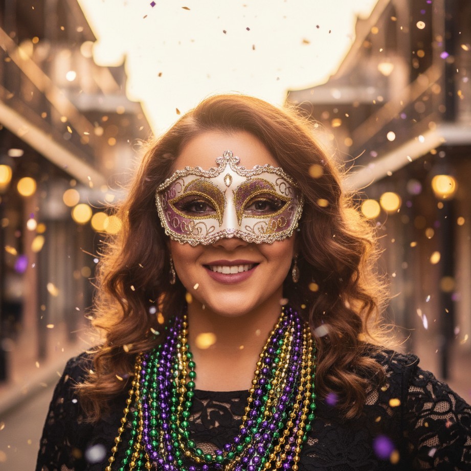 Classic Mardi Gras portrait with purple, gold, and green beads and festive glow.