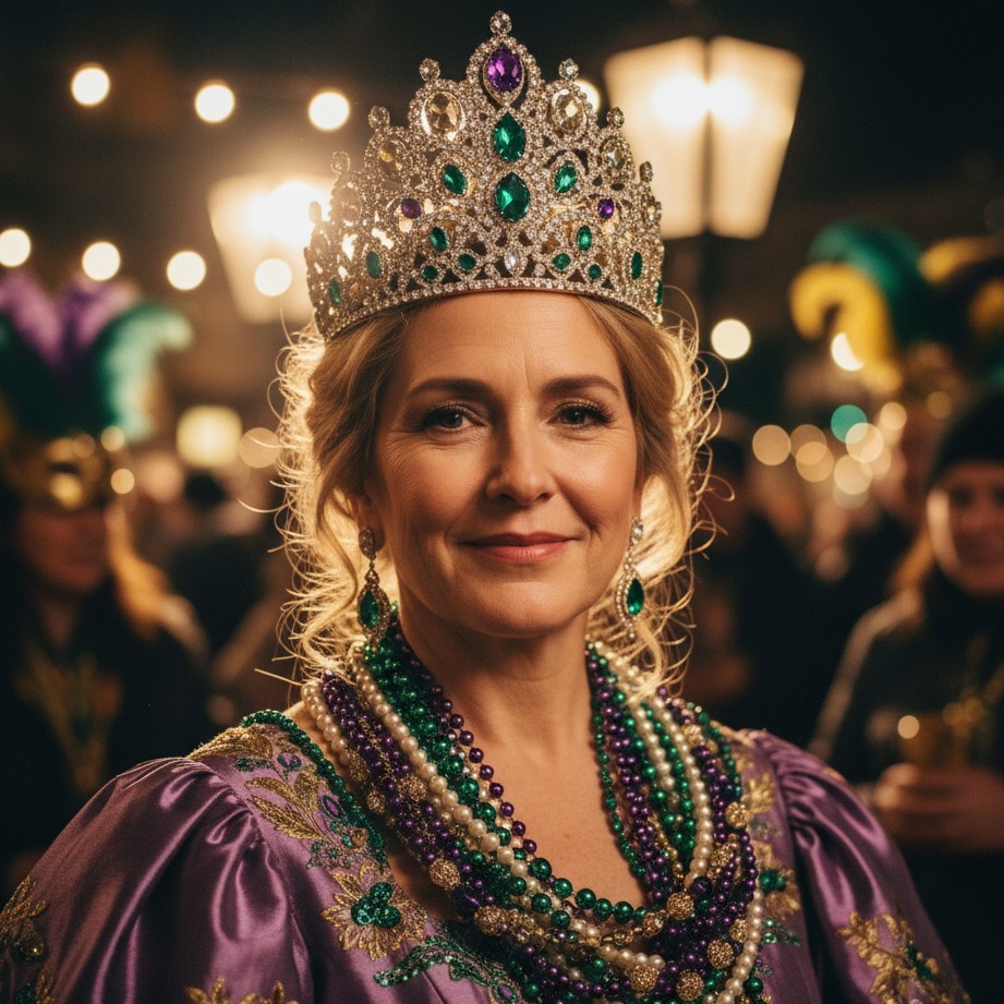 Elegant Mardi Gras queen portrait with a jeweled tiara, beads, and warm festival lighting.