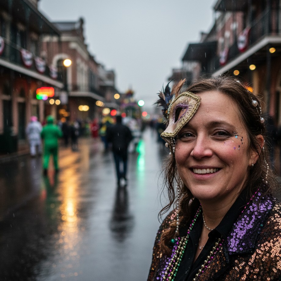 Retrato de Mardi Gras com reflexos de rua sob a chuva