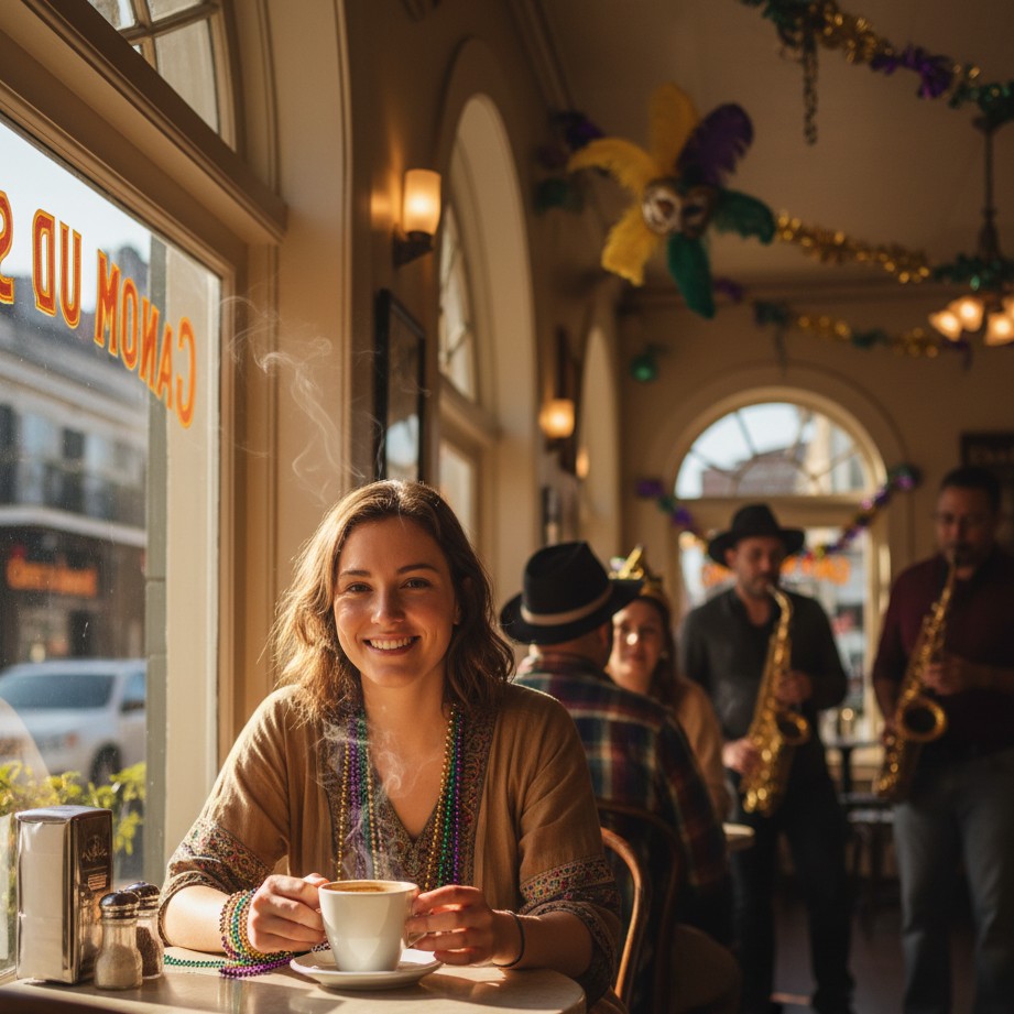 Retrato em café de Nova Orleans com colares de carnaval