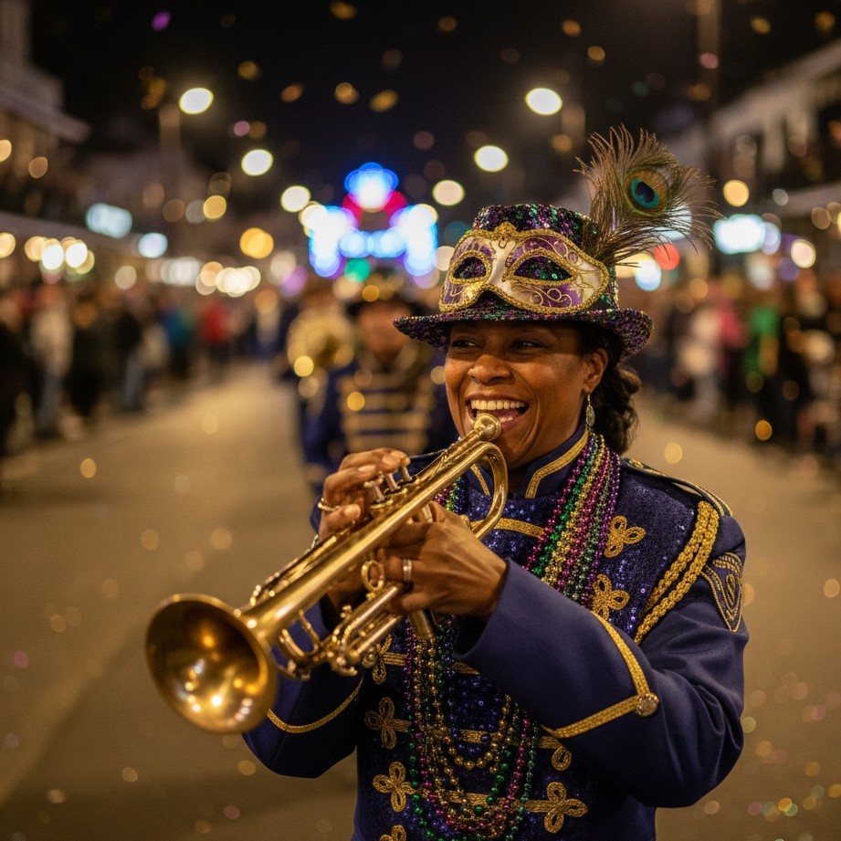 Carnival street portrait with New Orleans jazz parade vibes, brass-band glow, and festive bokeh.