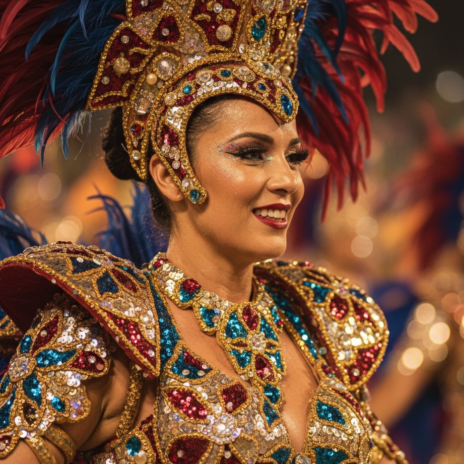Realistic Rio samba portrait focusing on costume details, sequins texture, and warm stage light without looking CGI.