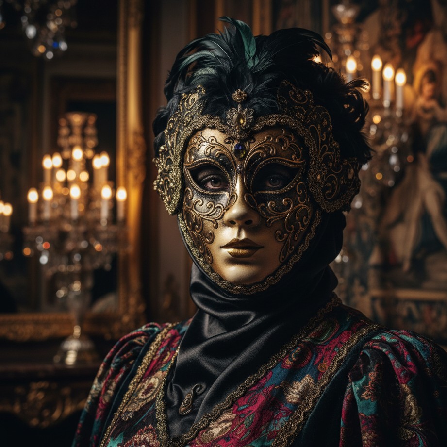 High-contrast Venetian masquerade portrait with a black-and-gold mask and dramatic lighting.