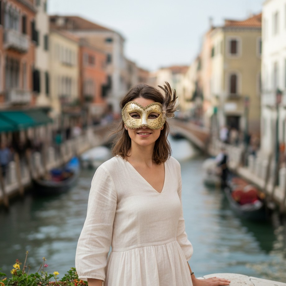 Retrato de carnaval em ponte veneziana à luz do dia