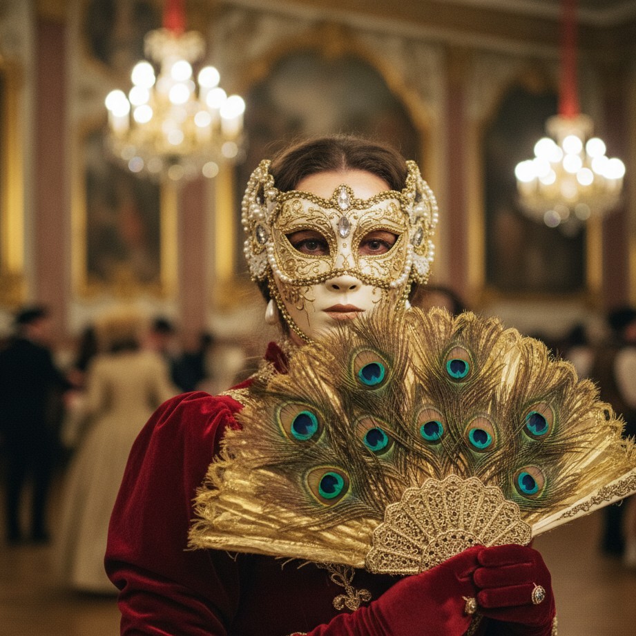 Elegant Venetian masquerade portrait with a feather fan, ornate mask details, and warm ballroom light.