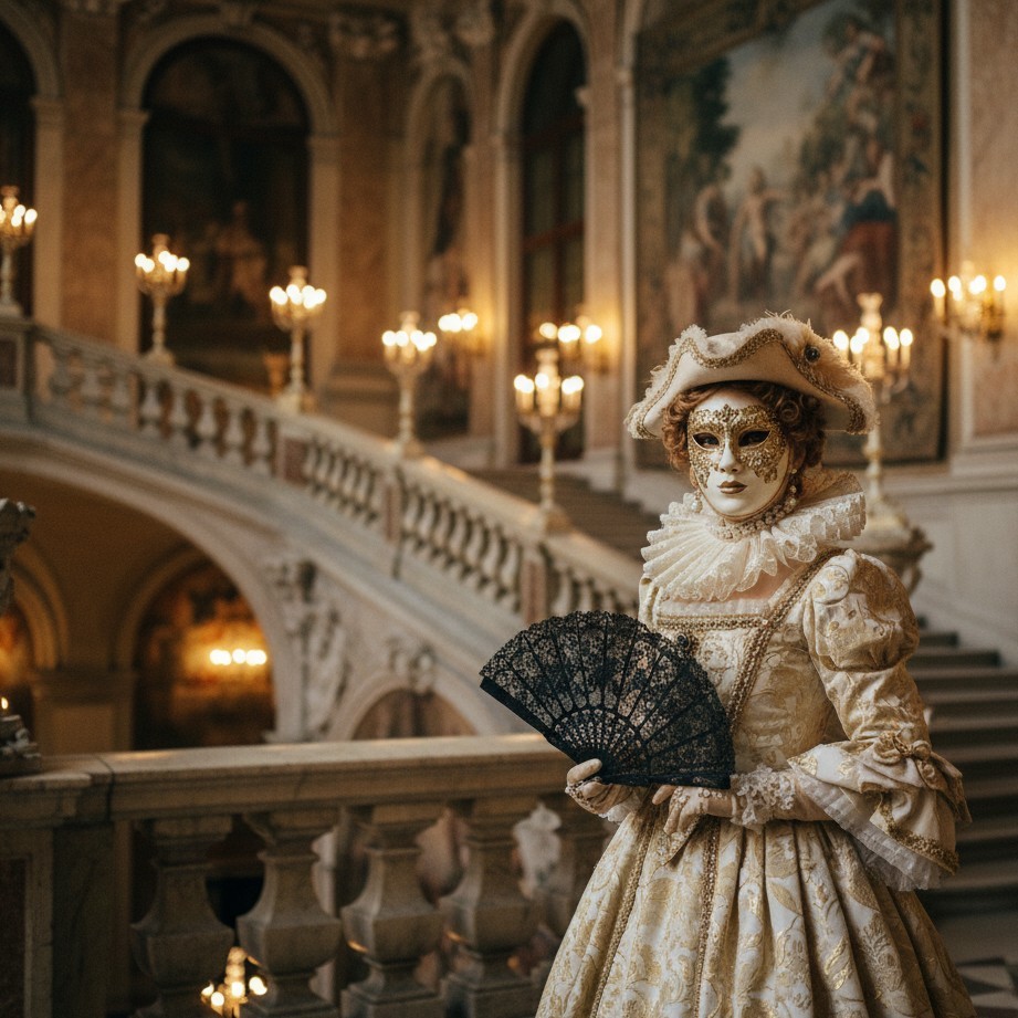 Cinematic Venetian masquerade portrait on a grand staircase with warm chandelier light and baroque detail.