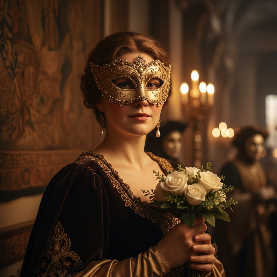 Elegant Venetian masquerade portrait holding a small bouquet with soft candlelit ambience and realistic texture.