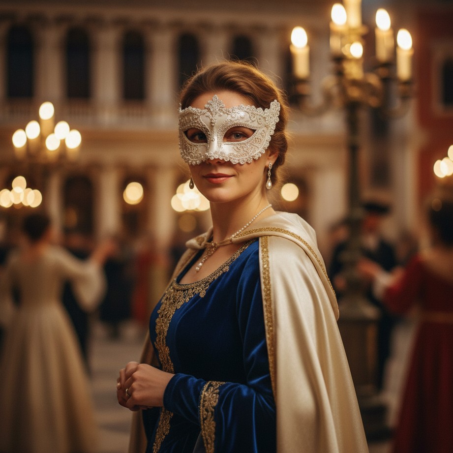 Venetian masquerade portrait with a white lace mask